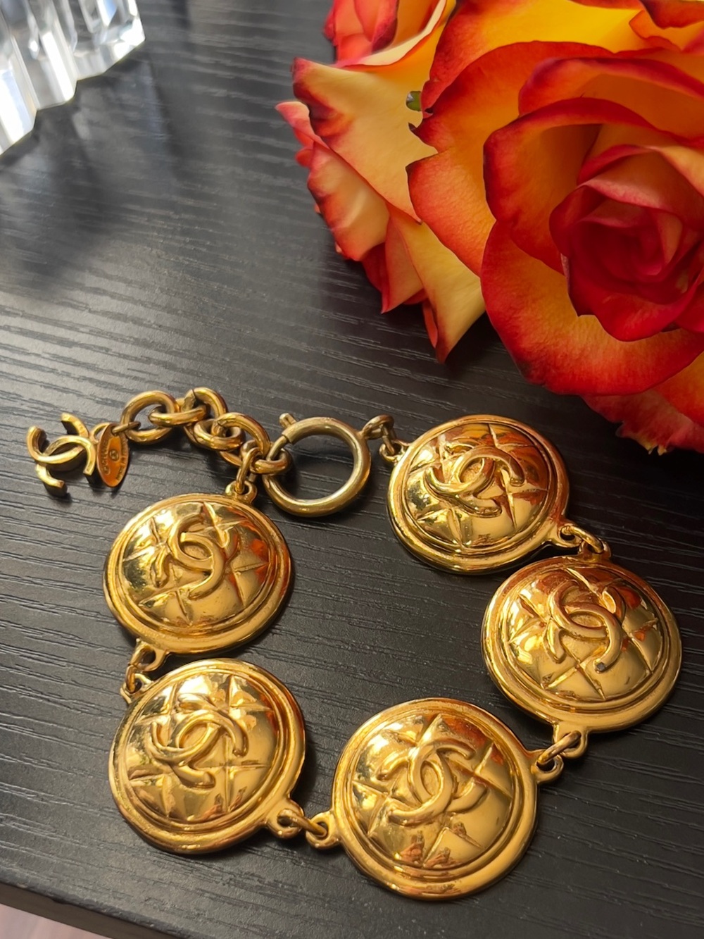 Vintage CHANEL Goldtone A13 Quilted Medallion Bracelet Karl Lagerfeld Era